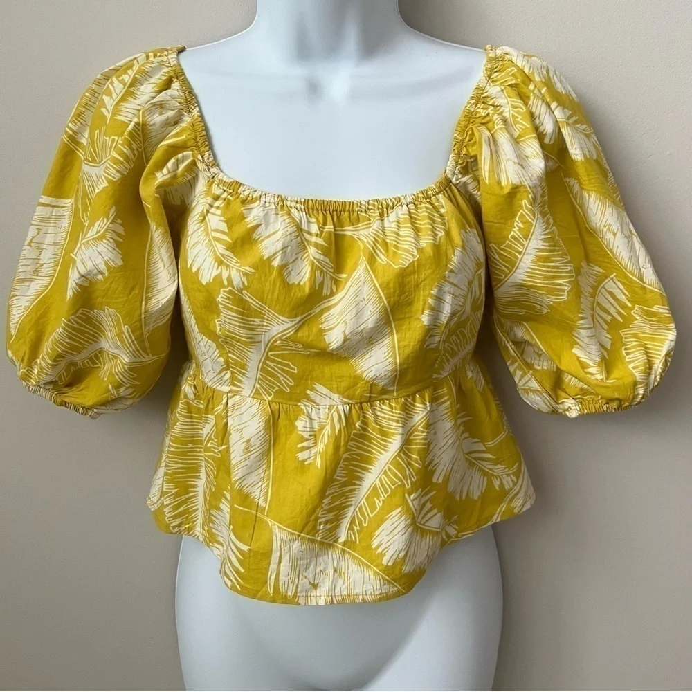 Sim & Sam Palm Print Cropped Top Puff Sleeve Yellow Chartreuse Tropical Boho S - Picture 1 of 10